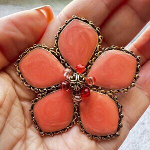 Large Coral Pink Flower Brooch Gold Filigree Petal Statement Pin 2.5 Inch